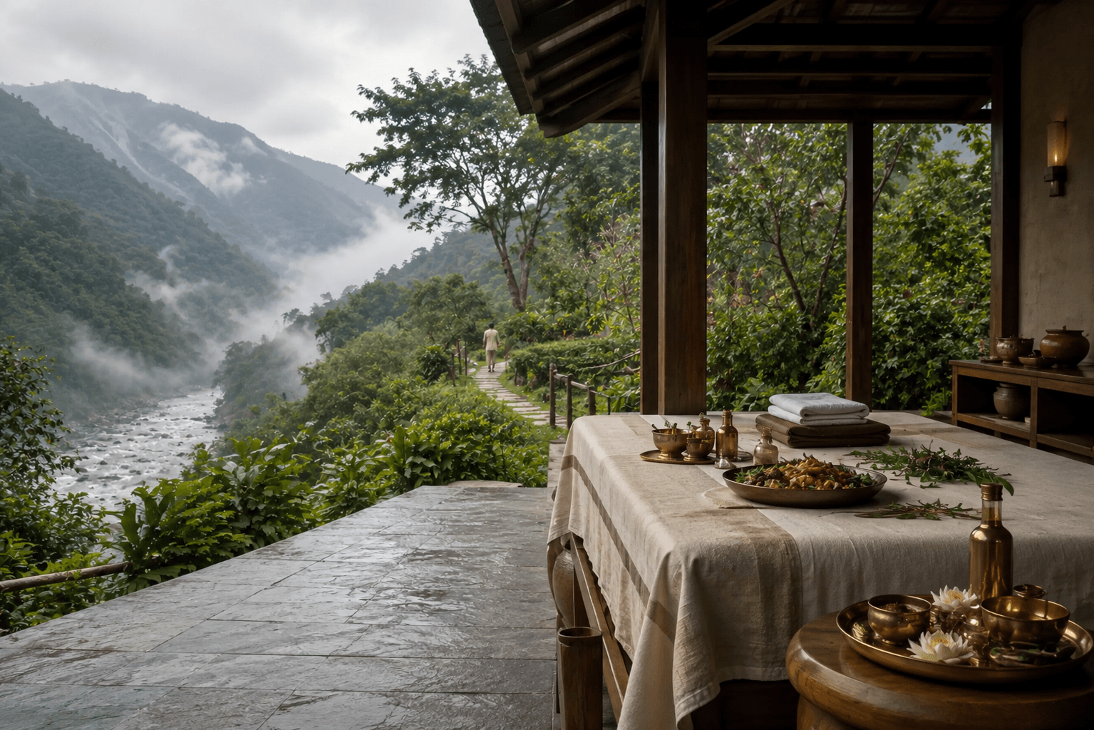 Ayurvedic oils and nourishing food in a Himalayan wellness pavilion