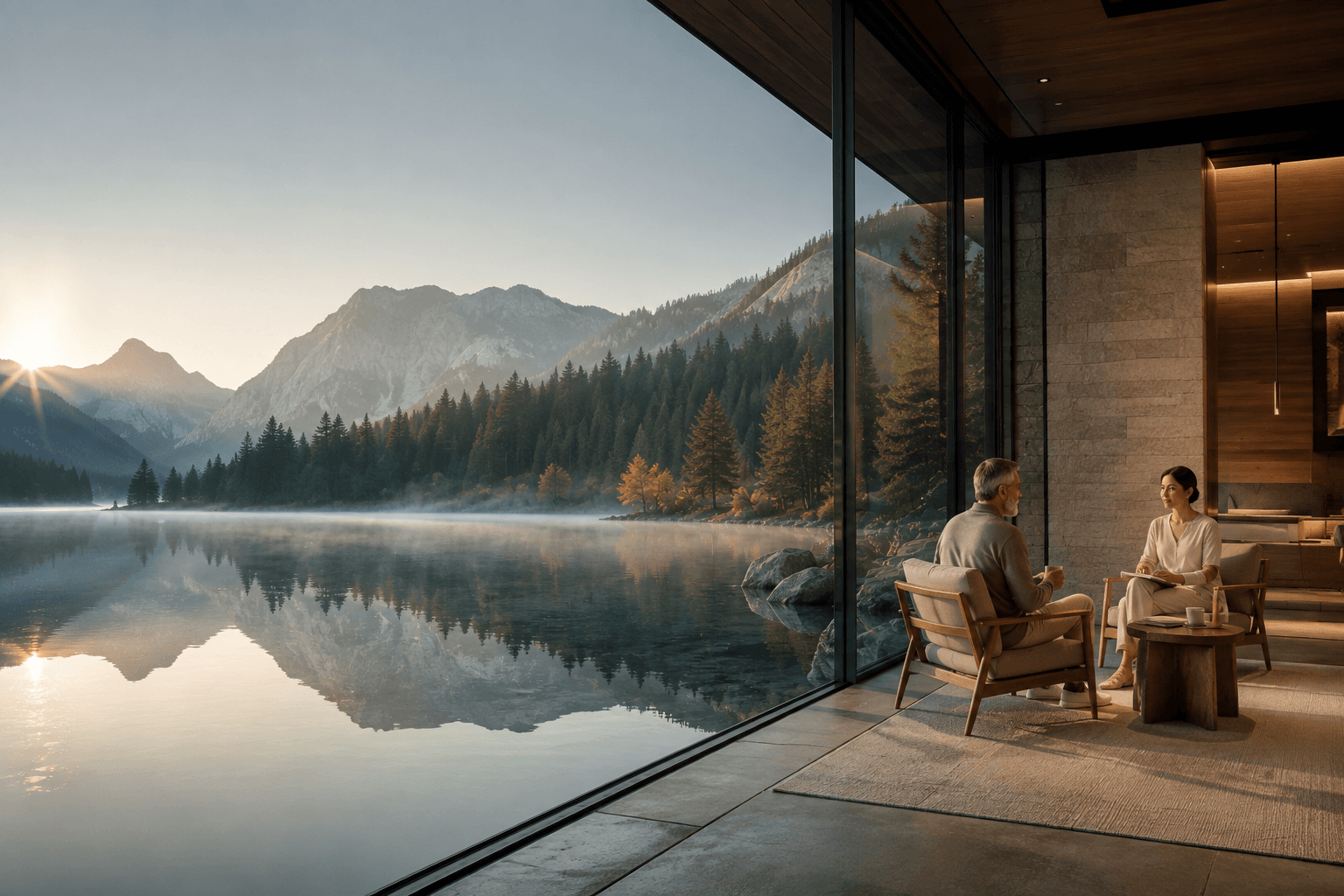 A quiet consultation overlooking a still alpine lake at dawn