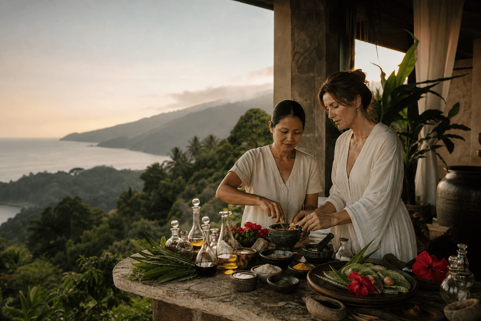 A local practitioner and traveler blending botanical skincare above a tropical coast