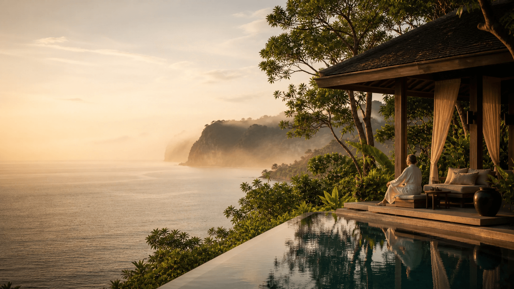 An eco-luxury coastal wellness sanctuary at sunrise