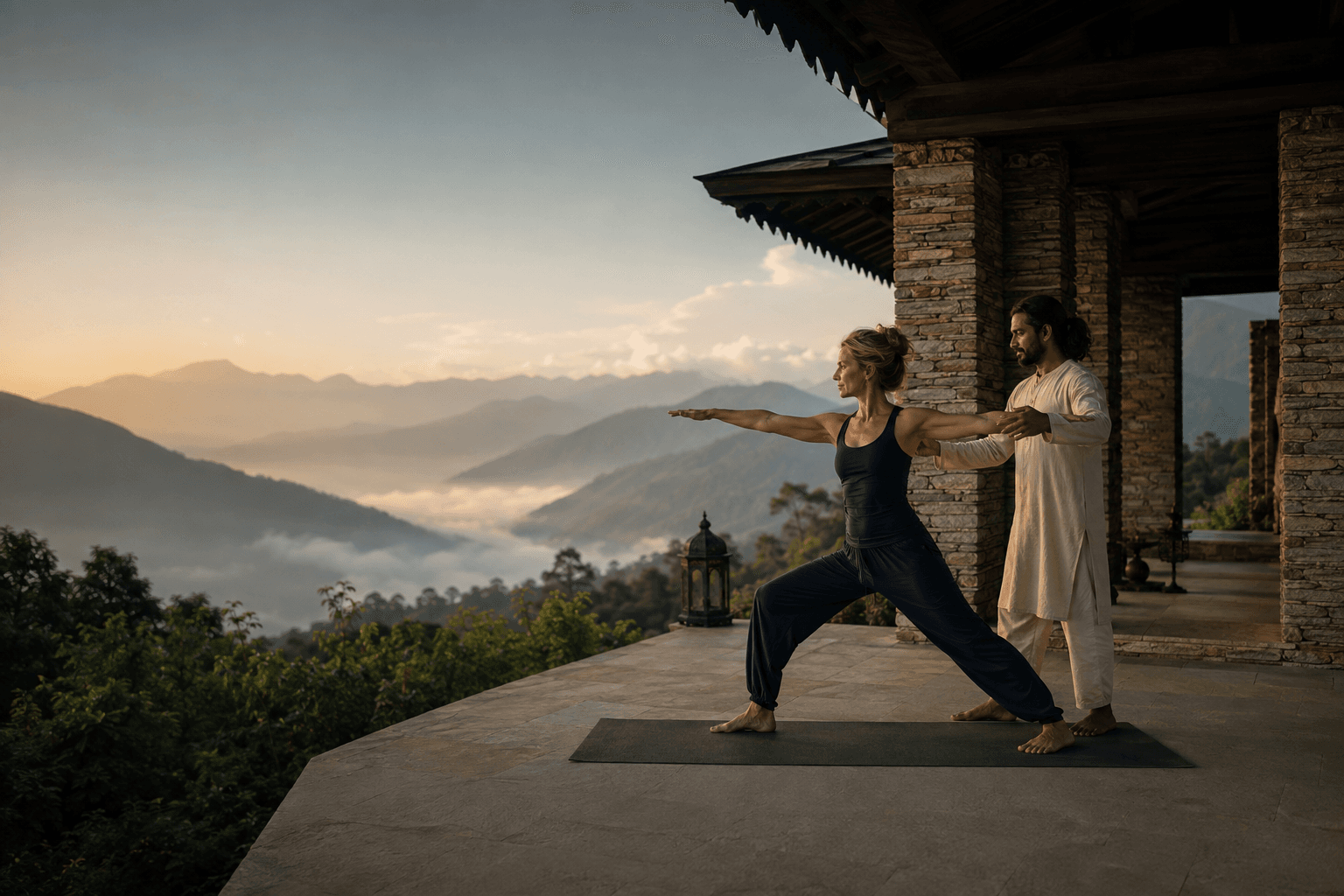 A traveler practicing yoga with a teacher above a misty Himalayan valley
